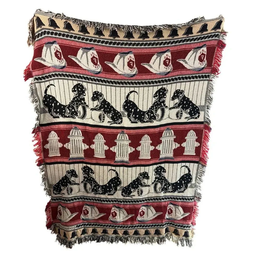 Vintage Crown Crafts Dalmatian Dog Fireman Hydrant Bell Tapestry Blanket Throw